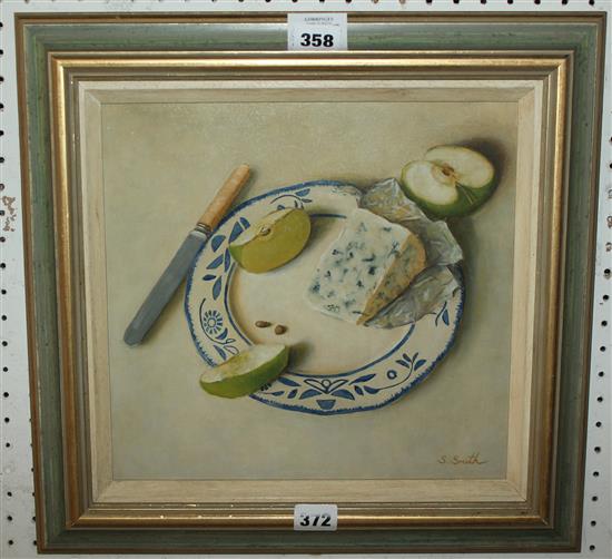 Stuart Smith (Contemporary), oil on board, Apples and Stilton on a Plate and Mushrooms, signed (2)(-)